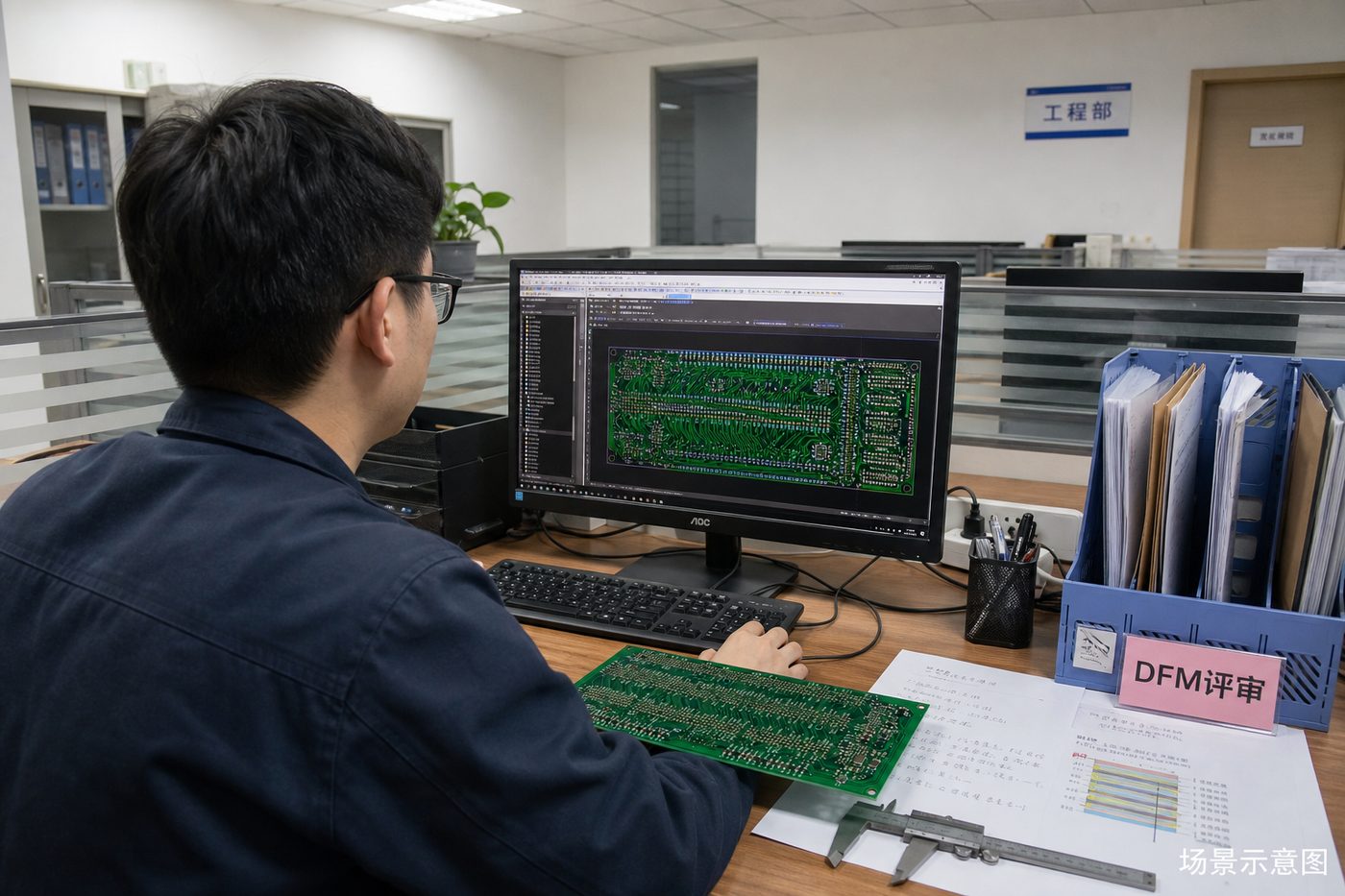 Illustration of a Chinese PCB factory engineer reviewing a Gerber design