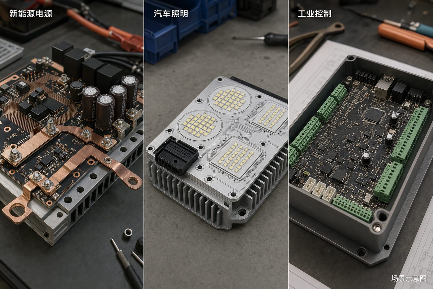Illustration of PCB applications in power electronics, automotive lighting and industrial control